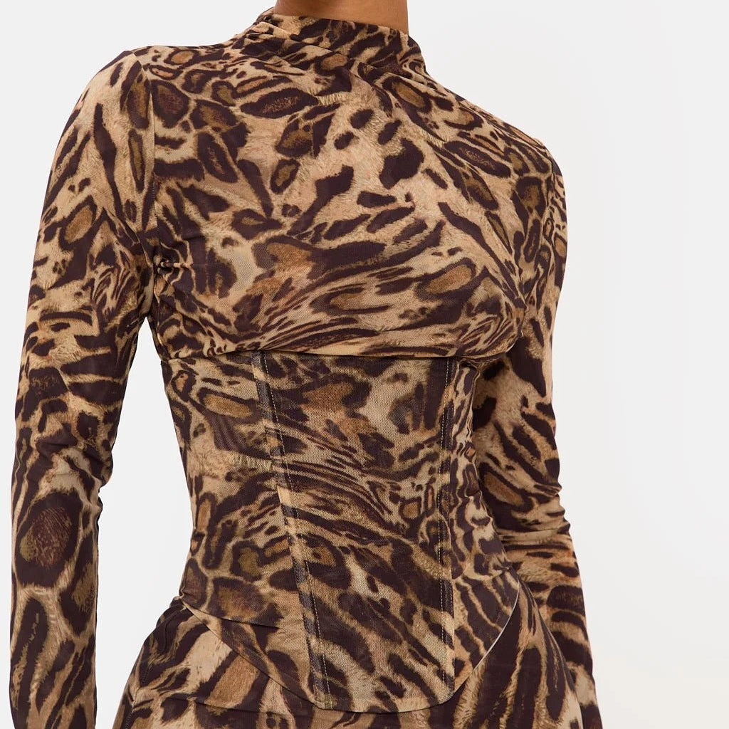 Leopard print mesh mini dress