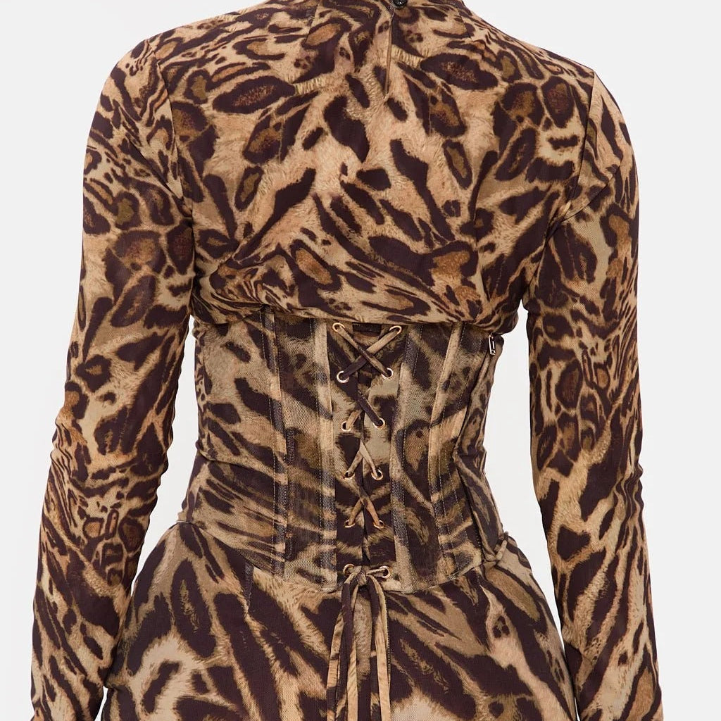 Leopard print mesh mini dress