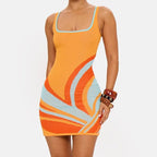 Orange square neck sleeveless mini dress