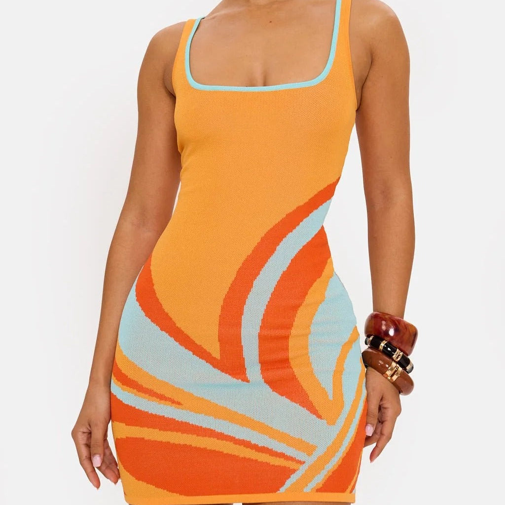 Orange square neck sleeveless mini dress