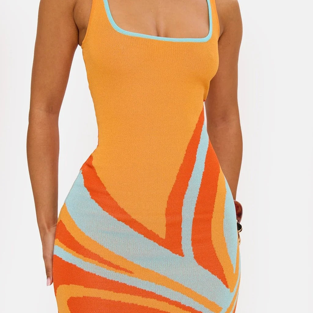 Orange square neck sleeveless mini dress