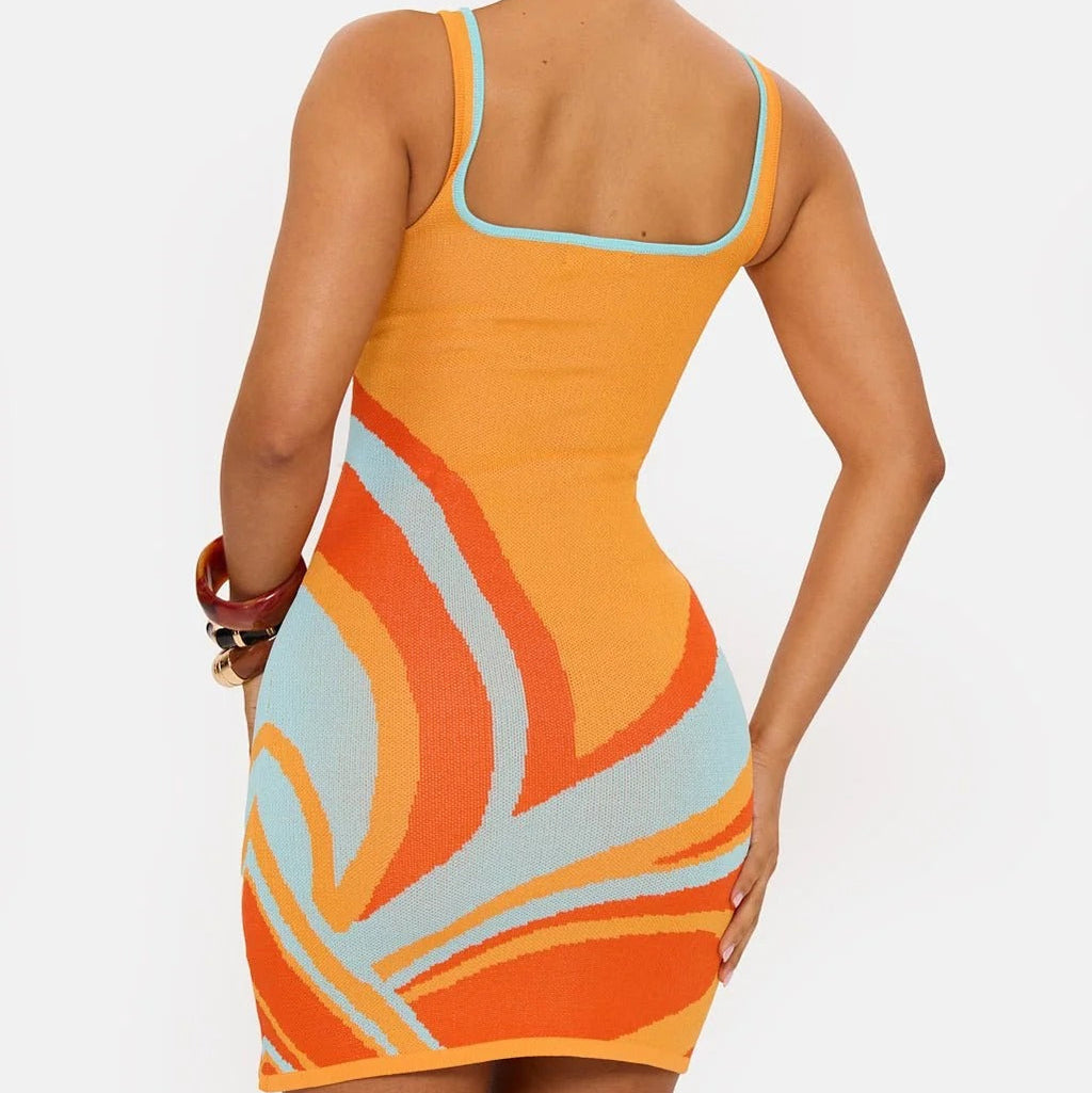 Orange square neck sleeveless mini dress