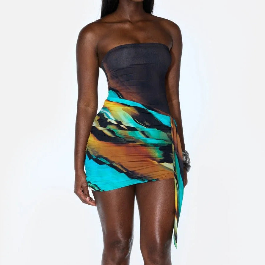 Strapless marble print ruched mini skirt